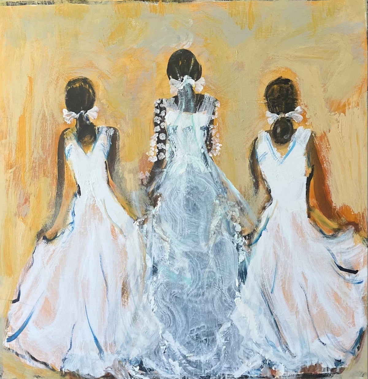 An expressive painting of three women in white dresses seen from behind, standing together against a warm golden-yellow background. The central figure wears a light blue and white patterned gown, while the two figures on either side wear white dresses with peach undertones.