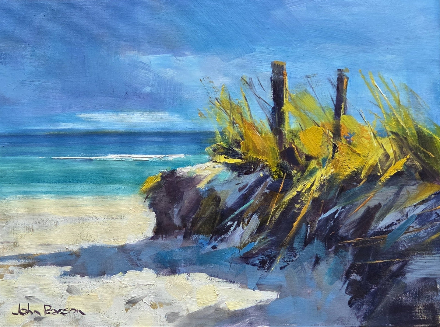 Painting of a beach scene with grass and ocean