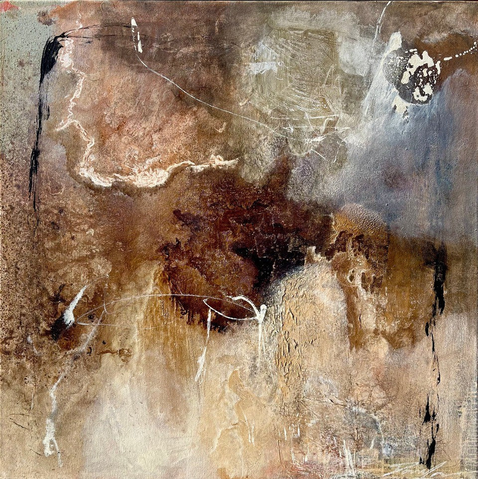 Abstract art piece with brown, beige, and gray tones