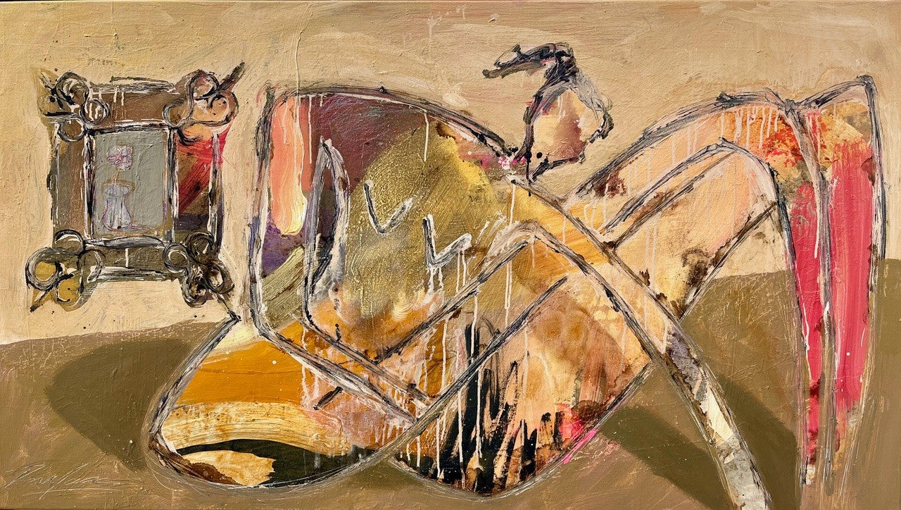 Abstract artwork with geometric shapes and colors on a beige background