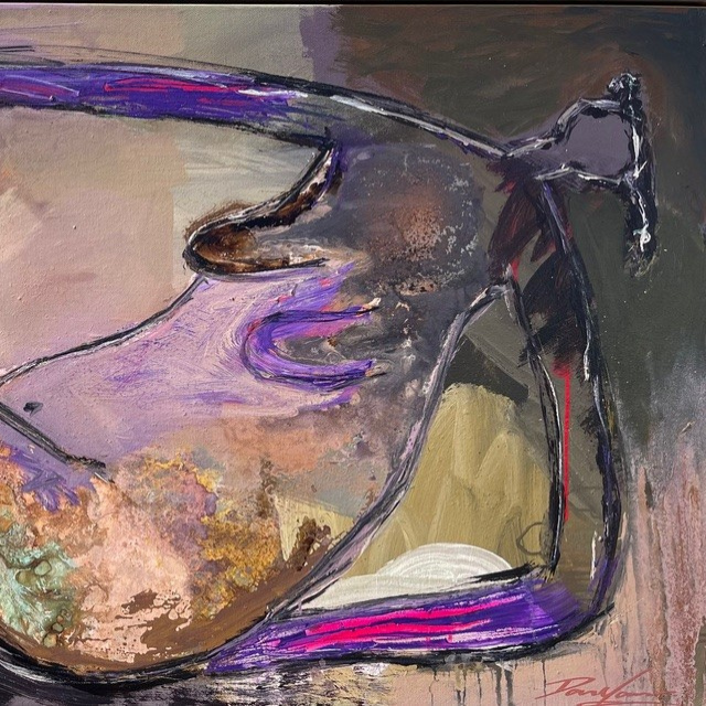 Upclose abstract painting of a woman with expressive brushstrokes in various colors by artist Dan Mason