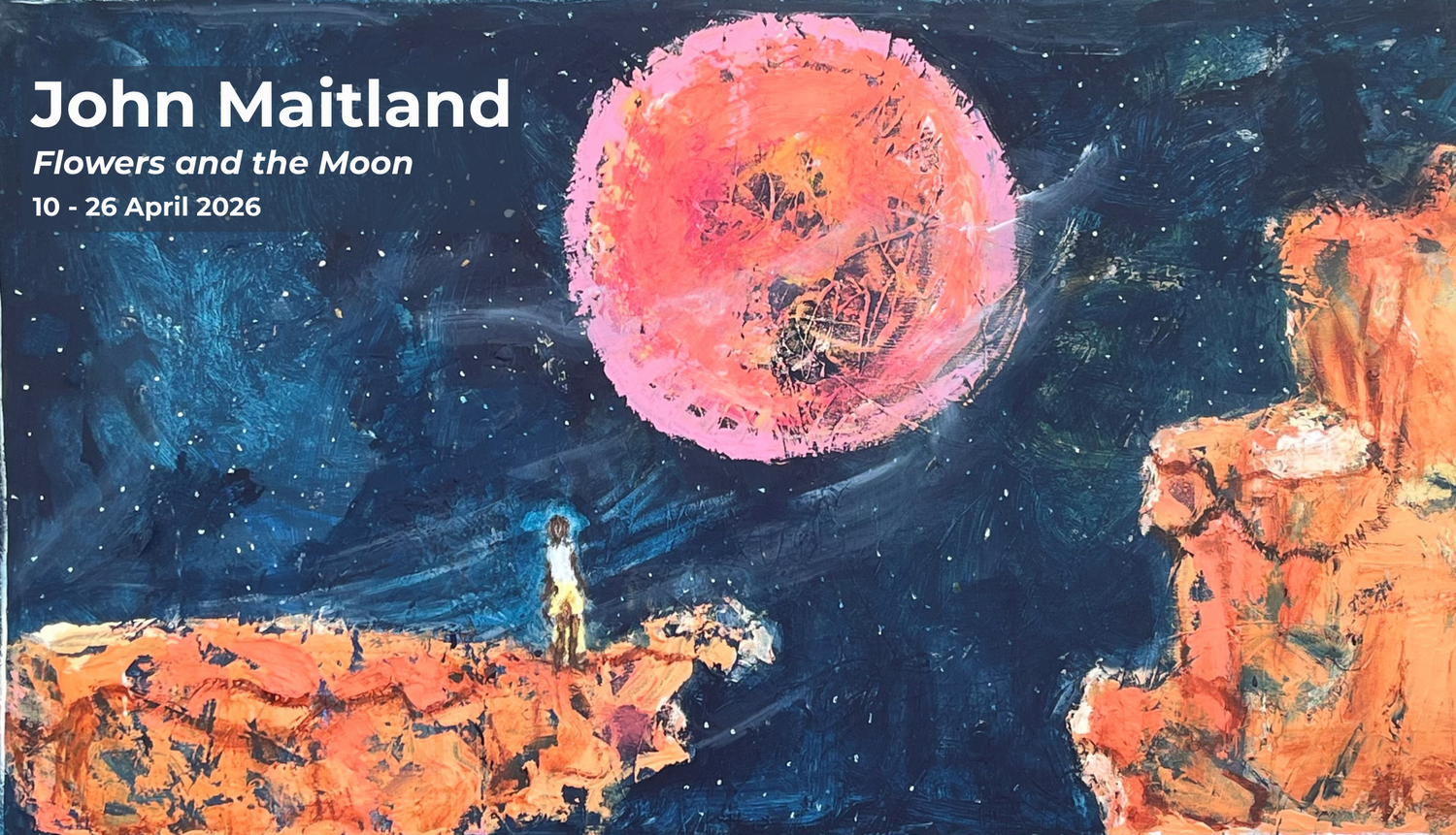 Artistic depiction of a person on a rocky outcrop with a large pink flower-like object and a starry night sky.