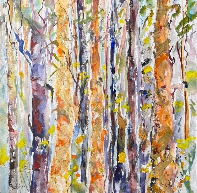 Abstract watercolor painting of a forest with tall tree trunks in warm orange, brown, beige, and blue tones, interspersed with green and yellow leafy accents.