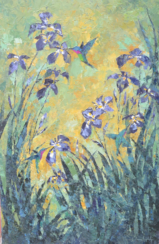 Stacey Conridge - Purple Iris and Hummingbirds