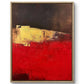 Abstract painting with red and yellow colors in a wooden frame on a white background