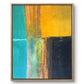 Abstract painting with blue, yellow, and black colors in a gold frame.