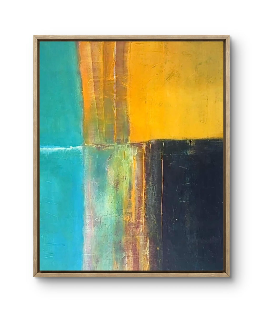 Abstract painting with blue, yellow, and black colors in a gold frame.