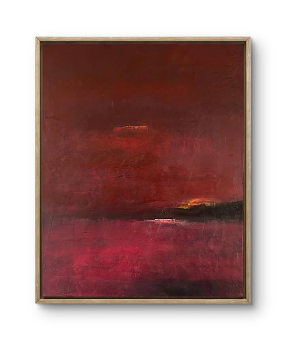 Abstract painting with red and black tones on a white background