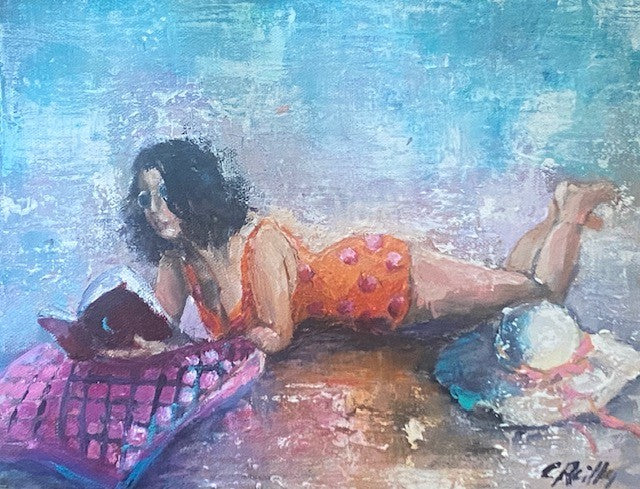 Artistic depiction of a woman in an orange polka dot dress lying on a textured surface.