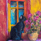 Painting of a black cat sitting on a windowsill with flowers