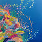 Colorful underwater scene with coral and fish on a blue background