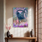 A framed abstract painting featuring a dark blue silhouette against a vibrant purple, pink, and teal background, displayed on a beige wall in a traditional Japanese-style room with a wooden bench and shoji screen.