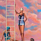 A stylized painting of three people at a poolside with a tall ladder and dramatic pink, blue, and peach clouds in the background.