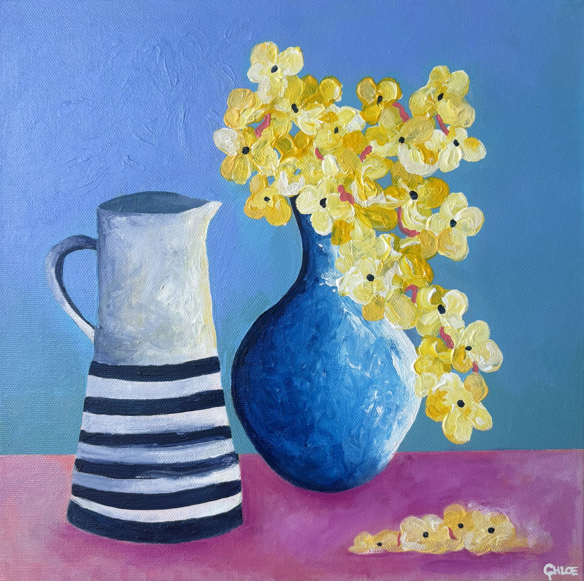 Painting of a blue vase with yellow flowers and a striped pitcher on a pink surface against a blue background.