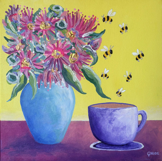 Painting of a blue vase with pink flowers and a purple cup on a yellow background