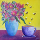 Painting of a vase with pink flowers and a blue cup on a yellow background