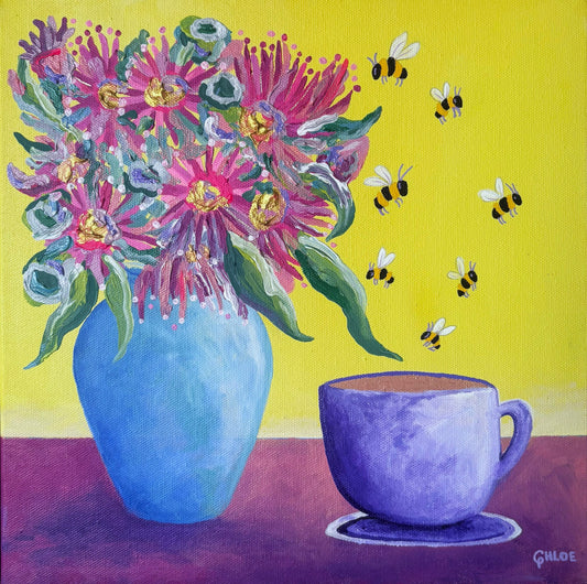 Painting of a vase with pink flowers and a blue cup on a yellow background
