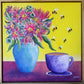 Colorful painting of flowers in a blue vase and a purple cup on a yellow background with bees.