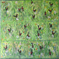 Artistic depiction of birds and flowers on a green background