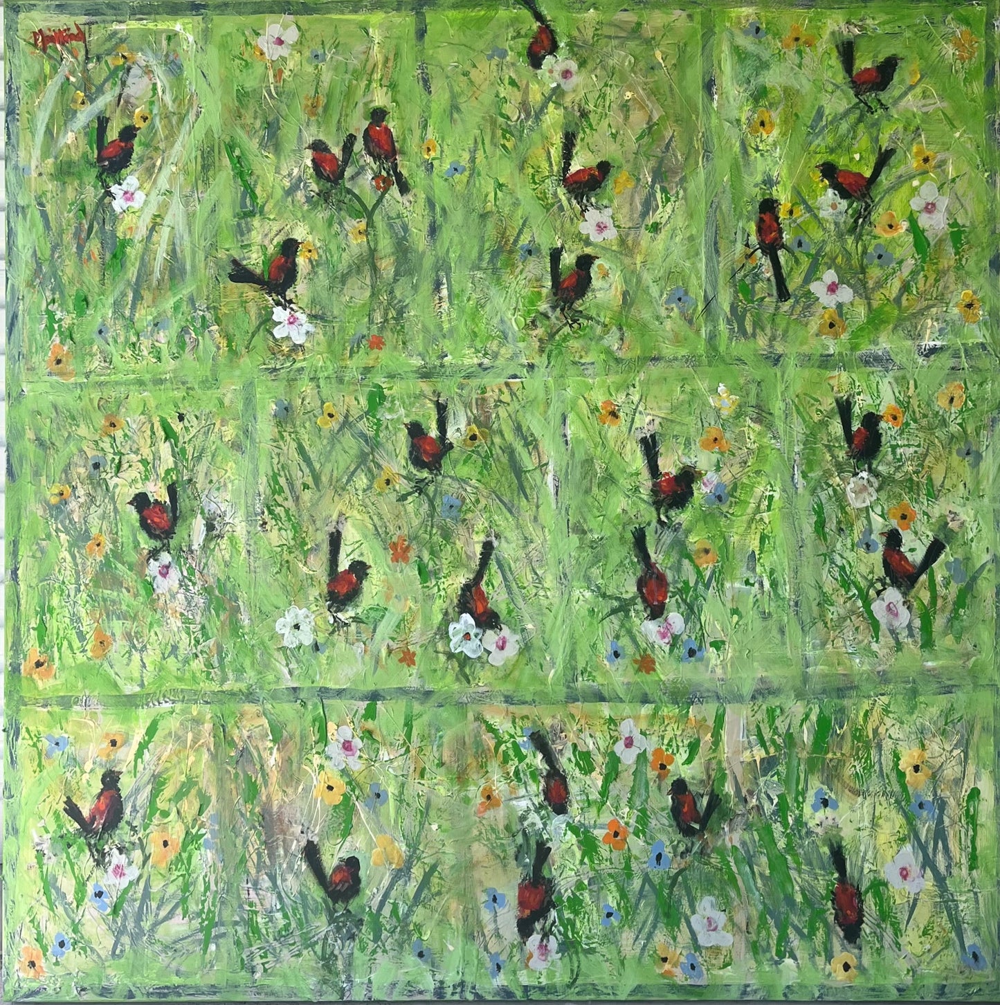 Artistic depiction of birds and flowers on a green background
