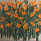 Artistic depiction of orange flowers with green leaves on a textured background