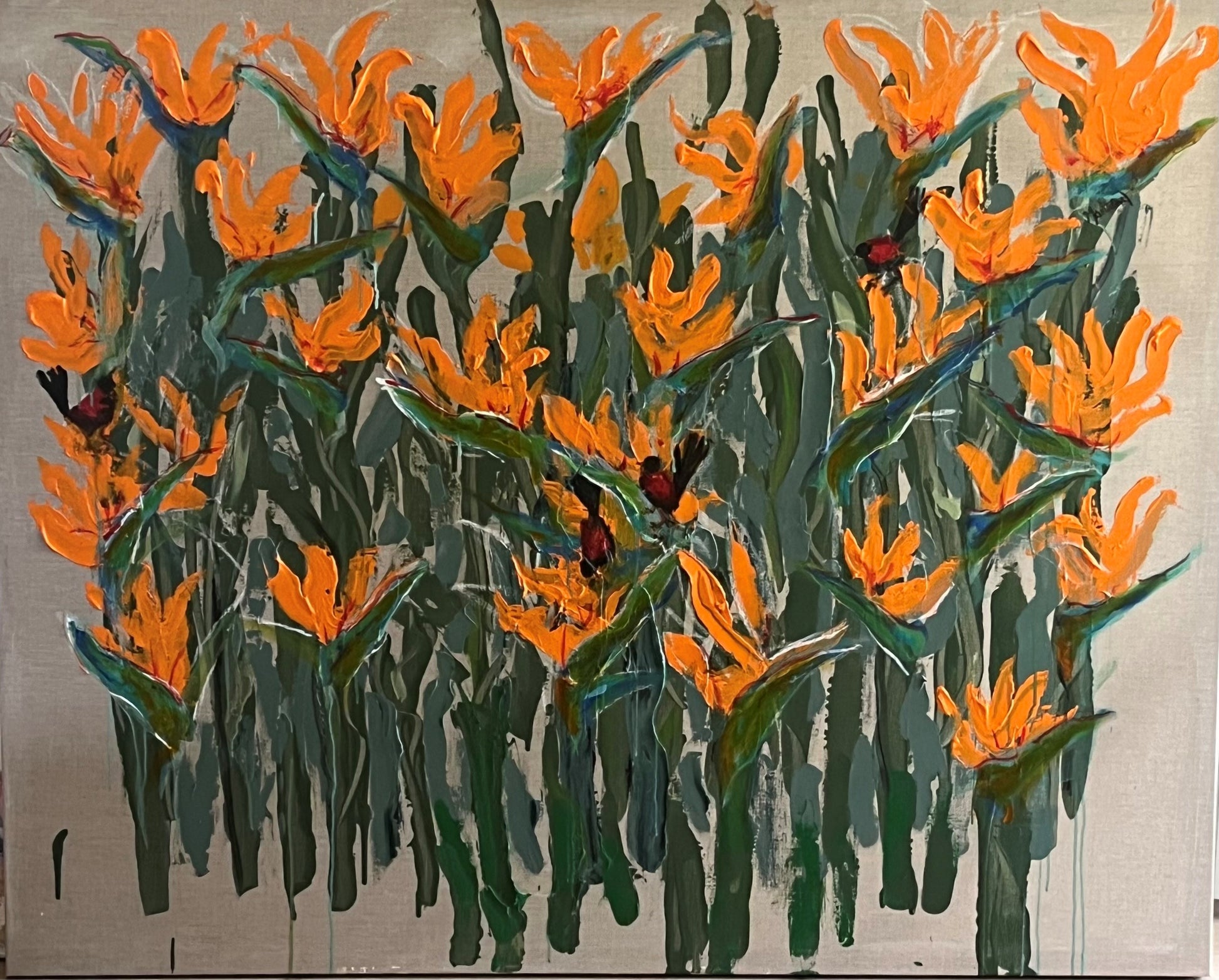 Artistic depiction of orange flowers with green leaves on a textured background
