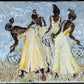 Abstract painting of three figures in yellow dresses with a blue sky and green grass background.