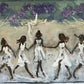 Artistic depiction of women in white dresses walking under purple flowers