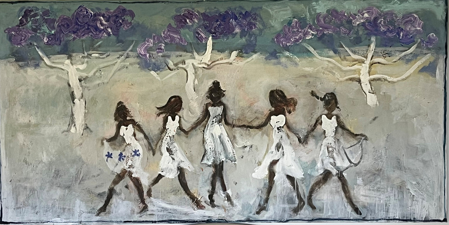 Artistic depiction of women in white dresses walking under purple flowers