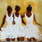 Three women in white dresses against a yellow background