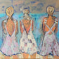 Abstract painting of three women in dresses against a colorful background