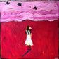 Abstract painting with a figure in a white dress on a red background