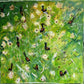 Abstract painting with green background and black and red birds