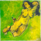 Artistic depiction of a nude figure with a bird on a green background