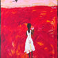 Abstract painting with a figure in a white dress on a red background