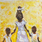 Painting of a woman and two children walking together against a yellow background