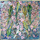 Abstract artwork with birds and pink flowers