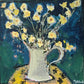 Artistic depiction of a vase with yellow flowers against a dark blue background