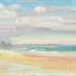 Painting of a landscape with a blue sky, clouds, and a sandy beach.