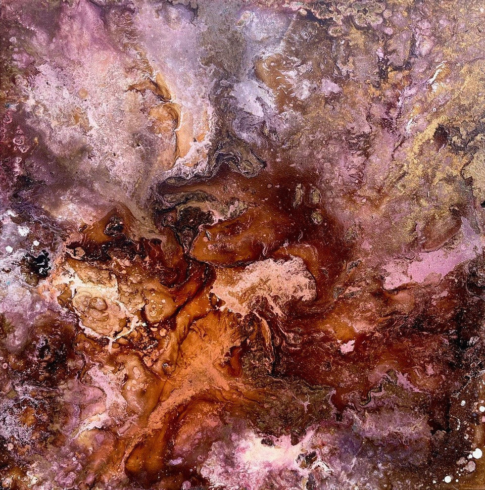 Abstract art with swirling brown, pink, and beige colors