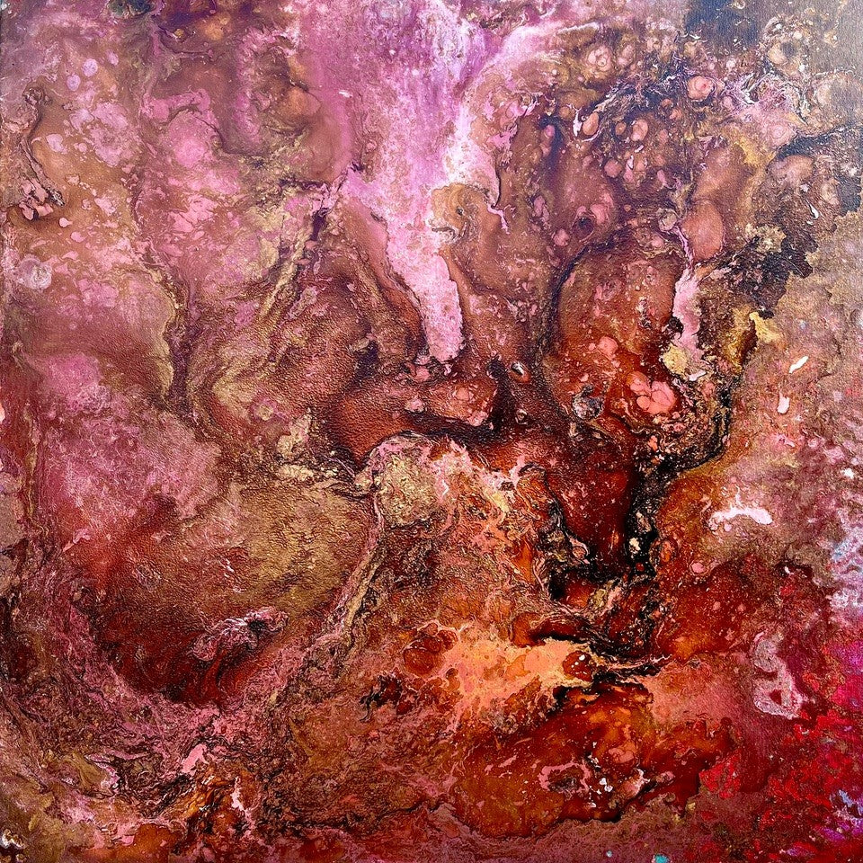 Abstract art with pink, brown, and red colors