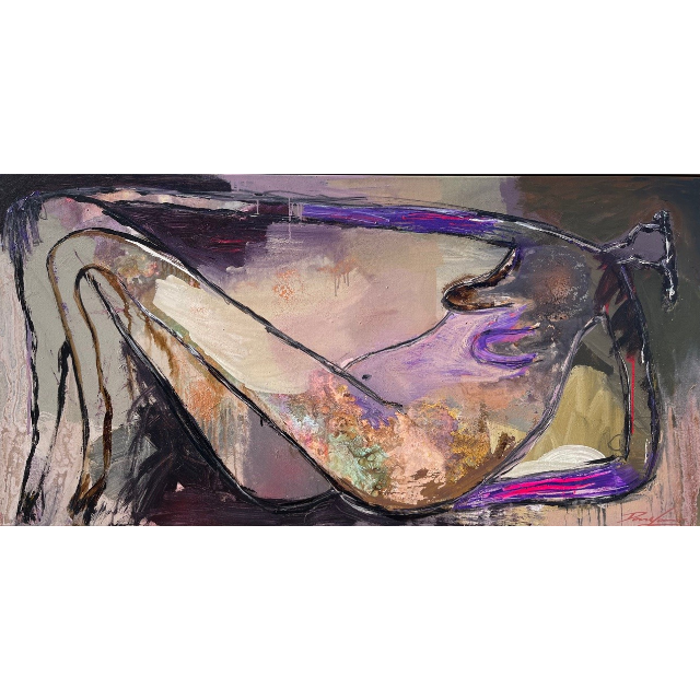 Abstract painting of a reclining figure with a colorful background by artist Dan Mason