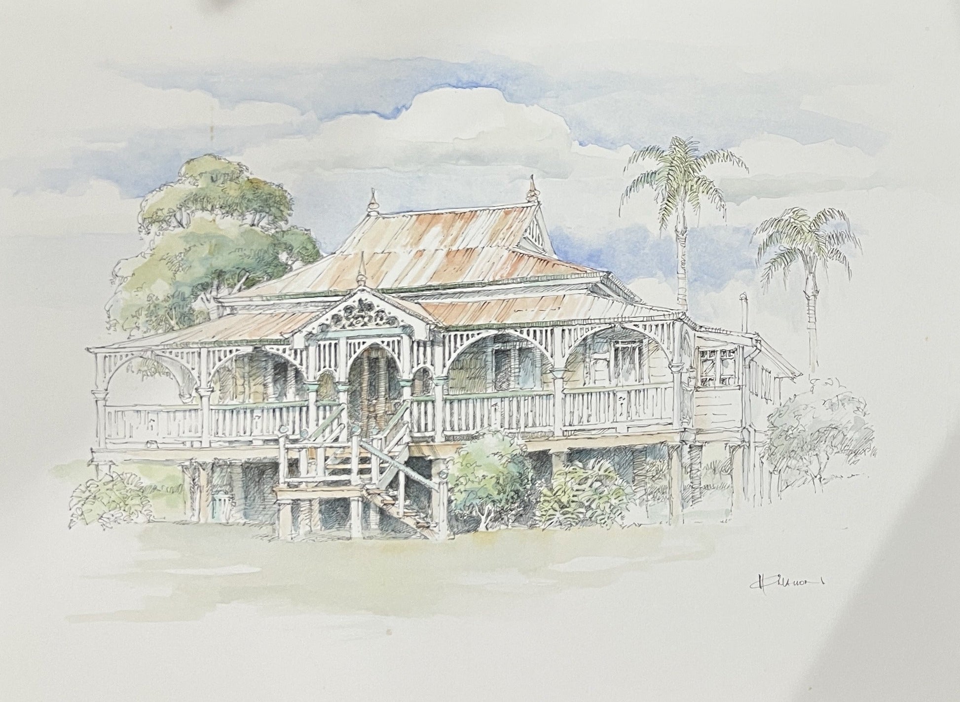 Illustration of a rustic house with a thatched roof and veranda, surrounded by trees.