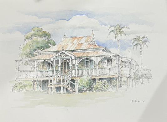 Illustration of a rustic house with a thatched roof and veranda, surrounded by trees.