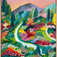 Inspired by the Butchart Gardens of British Columbia, a serene garden unfolds along a meandering path below a soft pink sky.