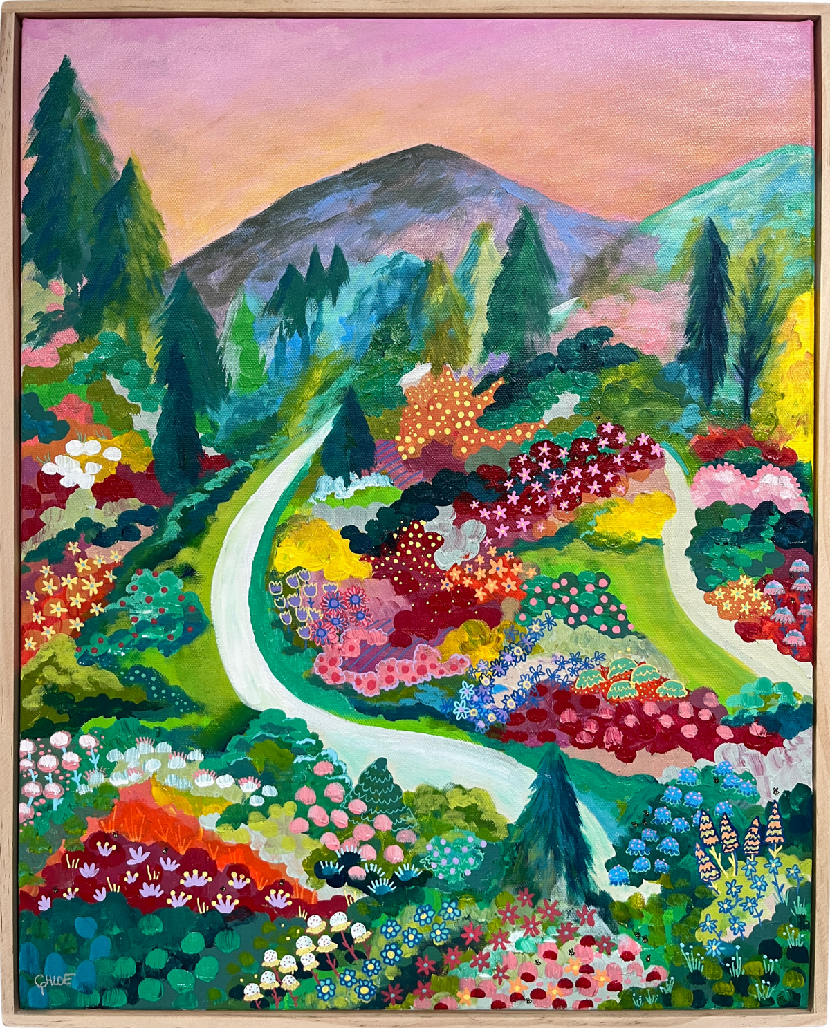 Inspired by the Butchart Gardens of British Columbia, a serene garden unfolds along a meandering path below a soft pink sky.