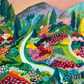 Inspired by the Butchart Gardens of British Columbia, a serene garden unfolds along a meandering path below a soft pink sky.