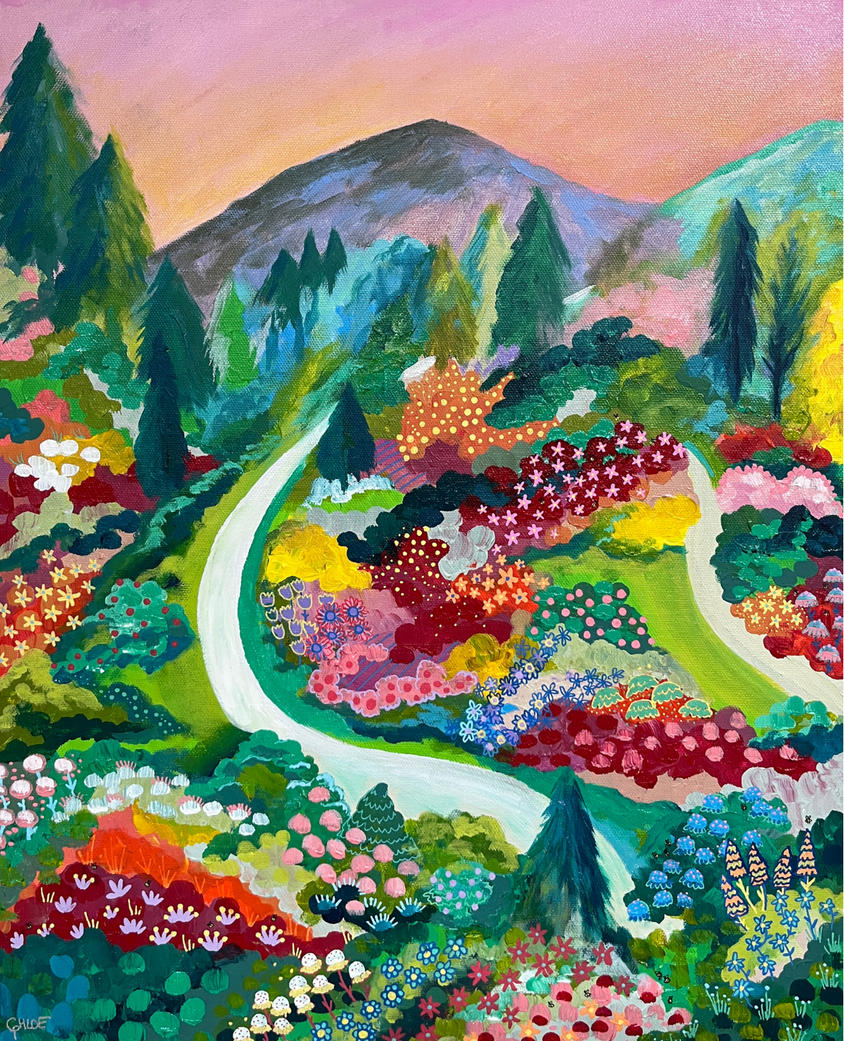 Inspired by the Butchart Gardens of British Columbia, a serene garden unfolds along a meandering path below a soft pink sky.