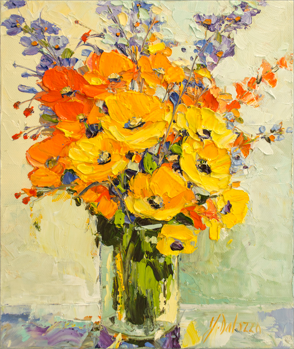 Painting of a bouquet of flowers in a vase with a signature at the bottom right corner.