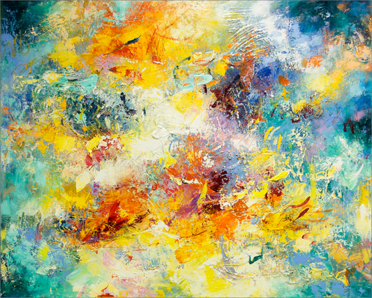 Abstract painting with vibrant colors and dynamic brush strokes
